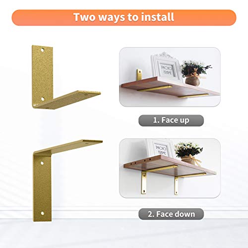 Gold Heavy Duty Shelf Brackets 6 Inch, Rustic Gold Iron L Shelf Bracket, Industrial Modern Metal Floating Shelf with Hardware for DIY Open Shelving, 4 Pack - color: Gold, size: 6 Inch