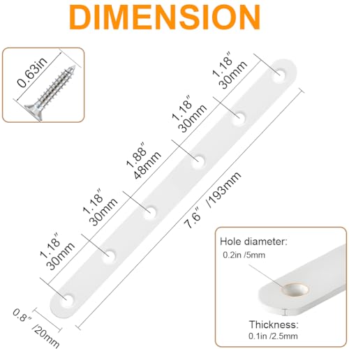 8 Pack White Flat Brackets, 8 Inch Straight Brace Mending Plate with Screws - size: 8 Pcs/ 8” x 0.8”