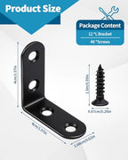 12 PCS 1.57'' x 1.57'' Stainless Straight Flat Brackets, Black Flat Metal Brace Bracket, Support Flat Metal Brace for Wood Furniture, Mending Plate Connector Joining Bracket for Fence,48 Screws - size: 1.57 x 1.57 in