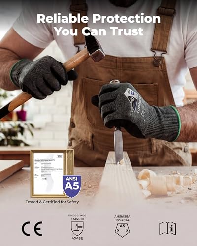 toolant ComfyCut A5 Cut Resistant Work Gloves, ANSI & EN388 Certified Protection with Second Skin Comfort, Fiberglass-Free, Touchscreen & Flexible Grip, for Woodworking, Warehouse, Assembly, Small - size: Small