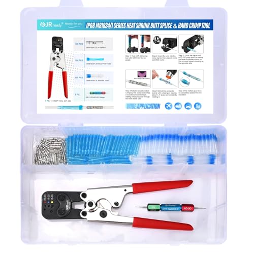 JRready IP68 Environmental Butt Splice Kit 100Sets 20-16AWG AS81824 Aviation Splice Connectors with PVDF and PE Heat Shrink Tubes ACT-232 Butt Splice Crimper G4111 Go No Go Gauge for Automotive Marine - color: 16#Blue-100Sets