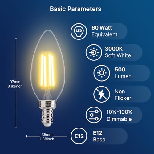 FLSNT 60W Equivalent LED Chandelier Light Bulbs, Dimmable LED B11 E12 Candelabra Base Bulbs, 3000K Warm White, 500LM, 12 Pack - color: 3000k Warm White, size: 12 Count (Pack of 1)