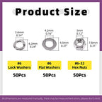 Swpeet 150Pcs SAE 304 Stainless Steel #6-32" Hex Nuts and #6 Flat Washers with #6 Split Lock Washers Assortment Kit, Coarse Thread Hexagon Nut for Home Automotive Shop Use - size: #6-32 Hex Nuts & Washers