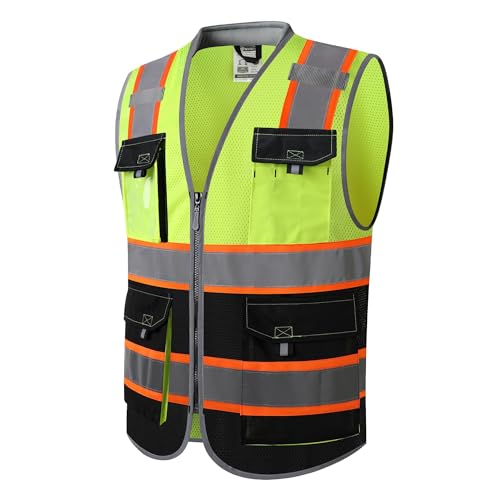 JKSafety Safety Vest for Men Women Hi Vis with Pockets and Cushioned Collar Construction Vest Meet ANSI Standard (BX360) - color: Yellowblack, size: 5X-Large