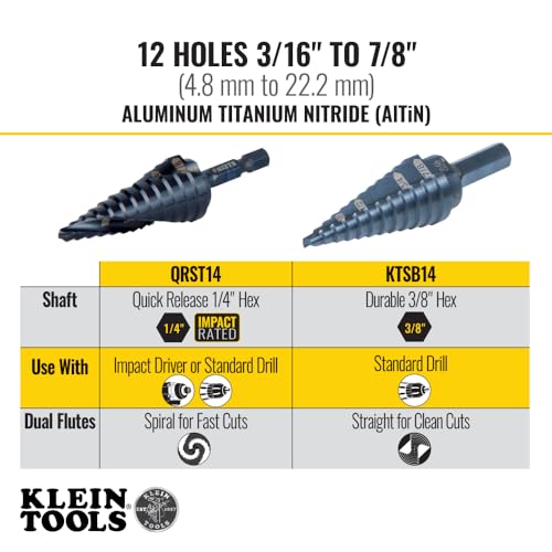 Klein Tools KTSB14 Step Drill Bit #14 Double-Fluted, 3/16 to 7/8-Inch with Easy-to-Read Step Markings and Targets, 3/8-Inch Hex Shank - size: 3/16 to 7/8-Inch, style: Standard