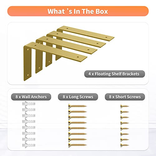 Gold Heavy Duty Shelf Brackets 6 Inch, Rustic Gold Iron L Shelf Bracket, Industrial Modern Metal Floating Shelf with Hardware for DIY Open Shelving, 4 Pack - color: Gold, size: 6 Inch