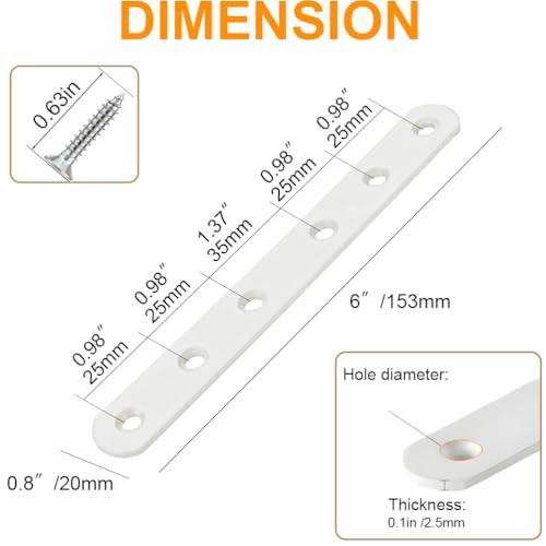 10 Pack White Flat Brackets, 6 Inch Straight Brace Mending Plate with Screw - size: 10 Pcs/ 6” x 0.8”