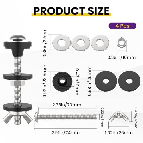 4 Pcs Universal Toilet Tank to Bowl Bolts Kit, Heavy Duty Stainless Steel Toilet Tank Bolts with Stainless and Rubber Washers Gasket for Toilet Mounting and Repair - size: Bolts