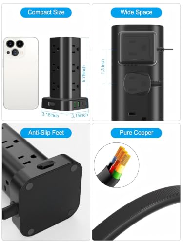 15FT Power Strip Tower Surge Protector, 12 Wide Spaced Outlets, 4 USB - color: Black, size: 15FT without Wireless Charging
