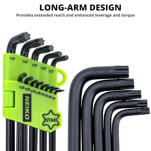 NEIKO 01102A Torx Allen Wrench Set, 13 Piece Key Set, Long Torx Keys T5 to T50, 6 Point Star Wrench Set for Bike Bicycle Repair, Black Oxide Chrome Vanadium, Hanging Storage Case - size: Torx - 13pc