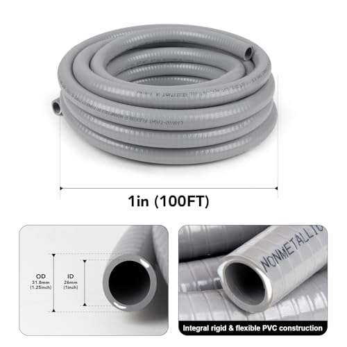 1 inch 100ft Liquid-Tight Conduit and Connector Kit,Flexible Non-Metallic Liquid Tight Electrical Conduit Kit with 5 Straight and 3 90-Degree Connector Fittings,1in. Dia - size: 1inch 100ft