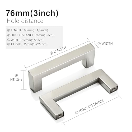 Cabinet Pulls Brushed Nickel Cabinet Handles Square Drawer Pulls, 10 Pack 3 Inch Stainless Steel Kitchen Door Cupboard Cabinet Handles, Cabinet Hardware Drawer Handles, 76mm Hole Centers - color: Brushed Nickel, size: Two Hole - 3 inch Hole Centers(76mm)