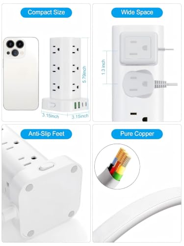 Power Strip Tower with Wireless Charger,Surge Protector with 12 Outlets - color: White, size: 15FT with Wireless Charging