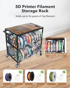 3D Printer Stand with Filament Storage, Heavy Duty Rolling Printer Cart on Wheels with Built-in Power Outlet, Small 3D Printer Table for Organizer Filament Spools, Workshop Office Garage Studios,Brown