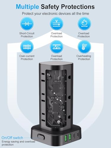 Power Strip Tower with Wireless Charger,Surge Protector with 12 Outlets - color: Black, size: 15FT with Wireless Charging