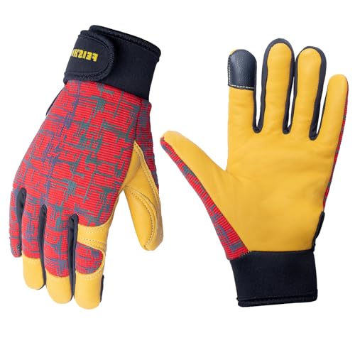 Kids Genuine Leather Work Gloves Age 2-12, Touchscreen, Reflective - color: Red, size: Large (10-12 Years Old)