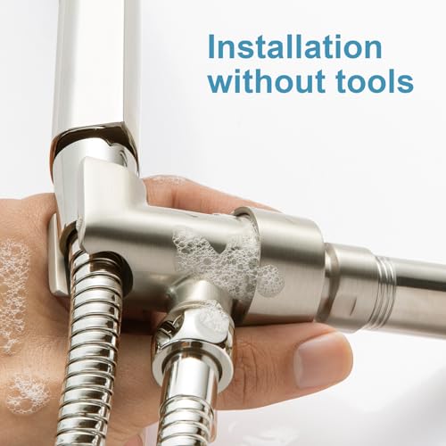 OFFO Shower Head Holder All Metal for Handheld Shower Head, Brushed Nickel Adjustable Shower Arm Mount with Solid Brass Pivot Ball, 1/2 in IPS Female Inlet and Male Outlet - color: Brushed Nickel