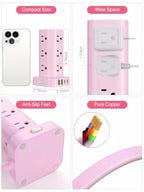 6FT Power Strip Tower Surge Protector, 12 Wide Spaced Outlets, 4 USB - color: Pink, size: 6FT without Wireless Charging