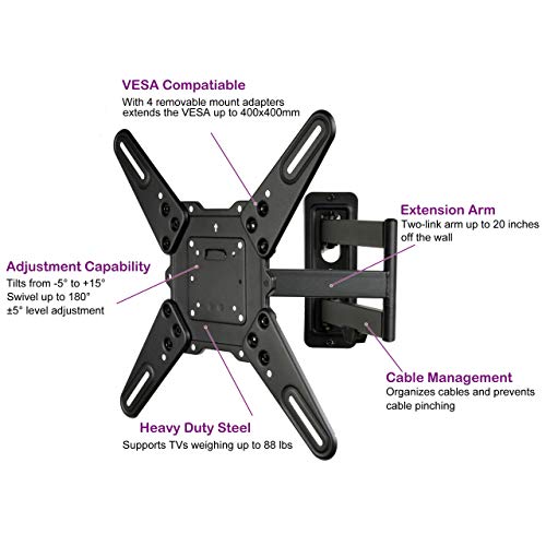 VideoSecu ML531BE2 TV Wall Mount kit with Free Magnetic Stud Finder and HDMI Cable for Most 26-55 TV and New LED UHD TV up to 60 inch 400x400 Full Motion with 20 inch Articulating Arm WT8 (Pack of 2) - size: 25"-55" (Pack of 2)