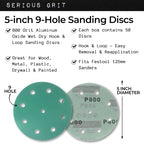 Serious Grit - 5-Inch 9-Hole P800 Grit Sanding Discs - 50 Pack Box - size: 800 Grit
