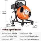 HoldwellS 50FT x 1/2 Inch Drain Cleaner Machine, Electric Drain Auger on 4 Wheels for 1"-4" Pipes, Enclosed Metal Drum with 4 Cutters & Pneumatic Foot Switch, Sewer Snake Auger - color: 50FT x 1/2inch (Manual Feed)