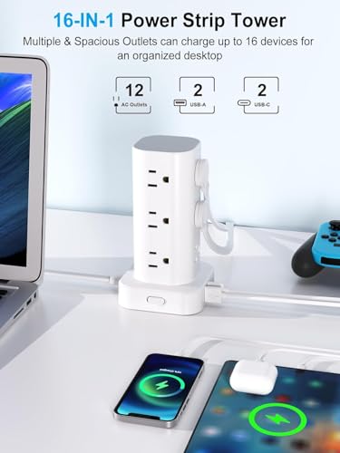 15FT Power Strip Tower Surge Protector, 12 Wide Spaced Outlets, 4 USB - color: White, size: 15FT without Wireless Charging