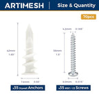 8# 70PCs Self Drilling Drywall Anchors Kit - 75LBs Heavy Duty Plastic Drywall Hangers with 35 Self-Tapping Screws - Mounting Hardware for Sheetrock Anchors