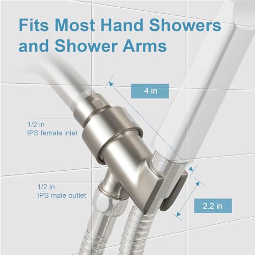 OFFO Shower Head Holder All Metal for Handheld Shower Head, Brushed Nickel Adjustable Shower Arm Mount with Solid Brass Pivot Ball, 1/2 in IPS Female Inlet and Male Outlet - color: Brushed Nickel