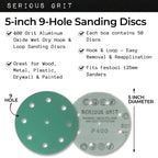 Serious Grit - 5-Inch 9-Hole P400 Grit Sanding Discs - 50 Pack Box - size: 400 Grit
