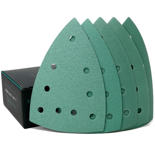 Serious Grit - 4" x 6" Delta (100mm x 150mm) Triangle Hook & Loop Sanding Sheet Assortment - 80, 120, 150, 180, 220 Grit (10 of Each) - Fits Festool DTS 400 & Mirka DEOS Delta Sanders - 50 Pack Box - size: Mixed Grit
