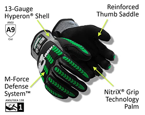 MAGID T-REX Flex Series ANSI Cut Level A9 Knit Impact Glove, 12 Pairs, NitriX Palm, Size 8/M, Black & Green, TRX795 - size: 8/M, style: 12 Pairs