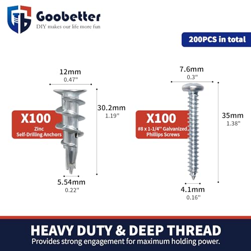 Drywall Anchors and Screws Kit, 200 Pcs Self Drilling Drywall Anchors, 100 Pcs Zinc Sheetrock Anchors and 100 Pcs #8 x 1-1/4" Metal Screws, Heavy Duty Wall Anchors, 75 Lbs Hanging Mounting - size: #8 x 1-1/4"
