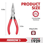 ARROW 6" High Leverage Needle Nose Pliers, Long Nose Pliers - size: 6 INCH