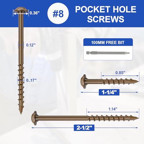 #8 Pocket Hole Screws 2-1/2 Inch, 100Pcs Coarse Thread Wood Screws, Square Drive, Washer Head, 4-Layer Coating, Drive Bit Included (Brown) - color: Brown, size: #8 x 2-1/2"