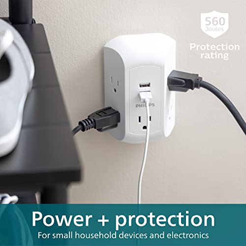 Philips 5-Outlet Extender, Grounded Wall Tap, 3-Prong, 2 USB-A, Surge Protector, Adapter Spaced Outlets, Side Access, 560 Joules, Quick and Easy Install, White, SPS5002WA/37 (Pack of 8) - size: 8 Pack, style: 5 Outlet | 2 USB-A | Surge