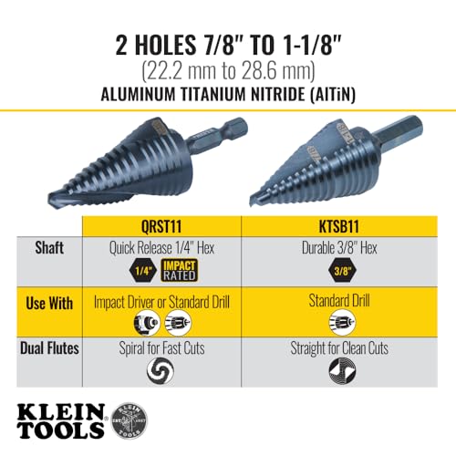 Klein Tools KTSB11 Step Drill Bit #11 Double-Fluted 7/8 to 1-1/8-Inch with Easy-to-Read Markings and Targets, 3/8-Inch Hex Shank - size: 7/8 to 1-1/8-Inch, style: Standard
