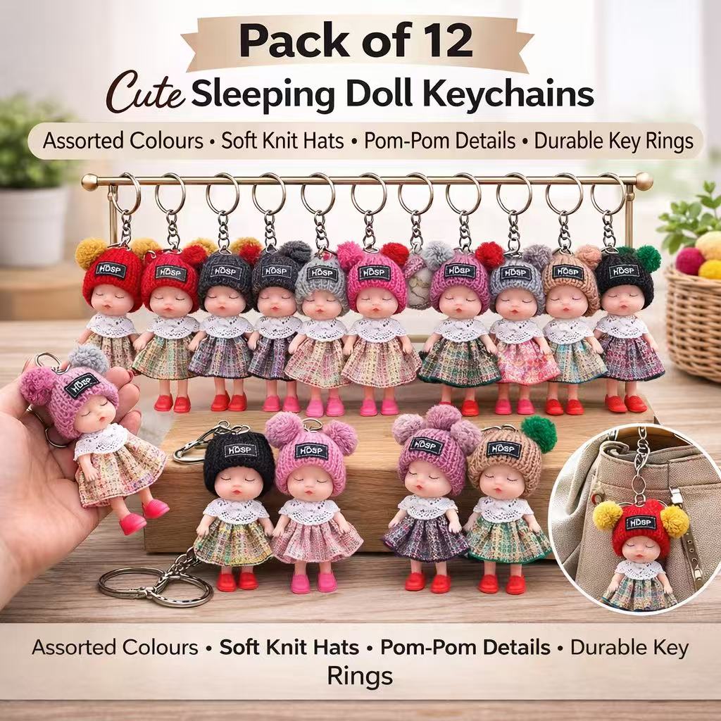 12x Cute Sleeping Doll Keychains Soft Knit Pom Pom Key Ring Bag Charm Gift Bulk
