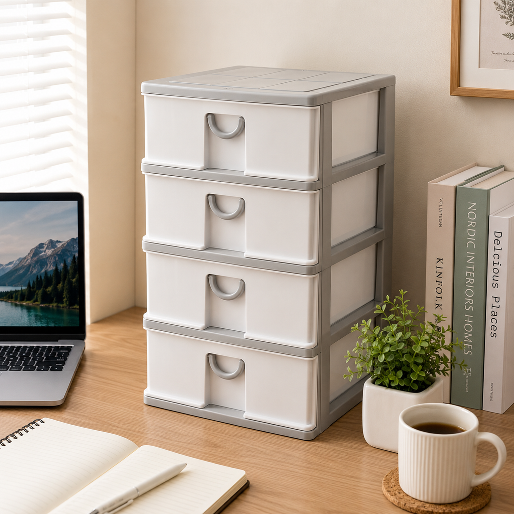 4 Tier Desktop Drawer Organizer A4 Plastic Storage Cabinet Office Home Black Grey