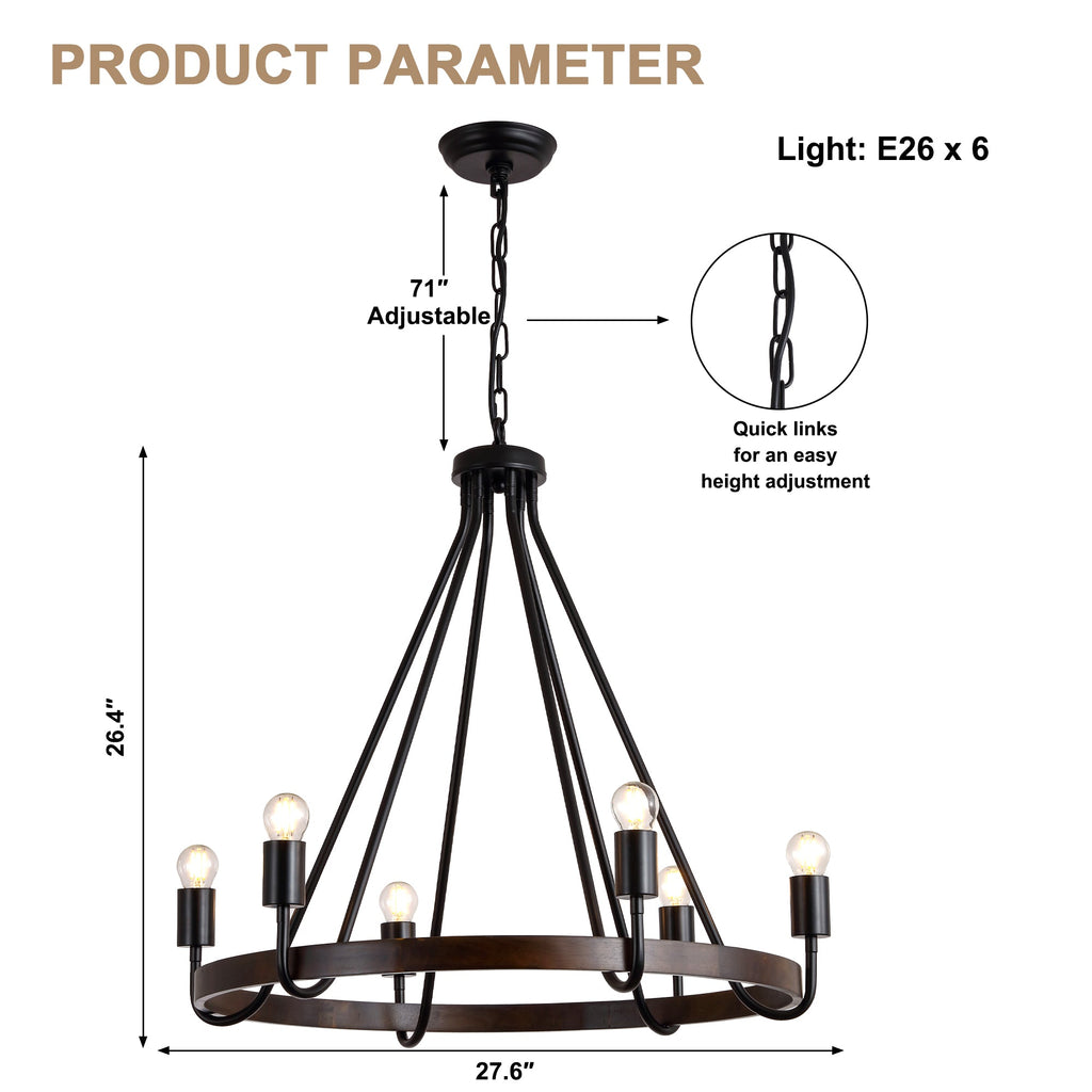 6 - Light Black Farmhouse Small Wagon Wheel Chandelier, 28" Round Chandelier Foyer Chandeliers with Height Adjustable