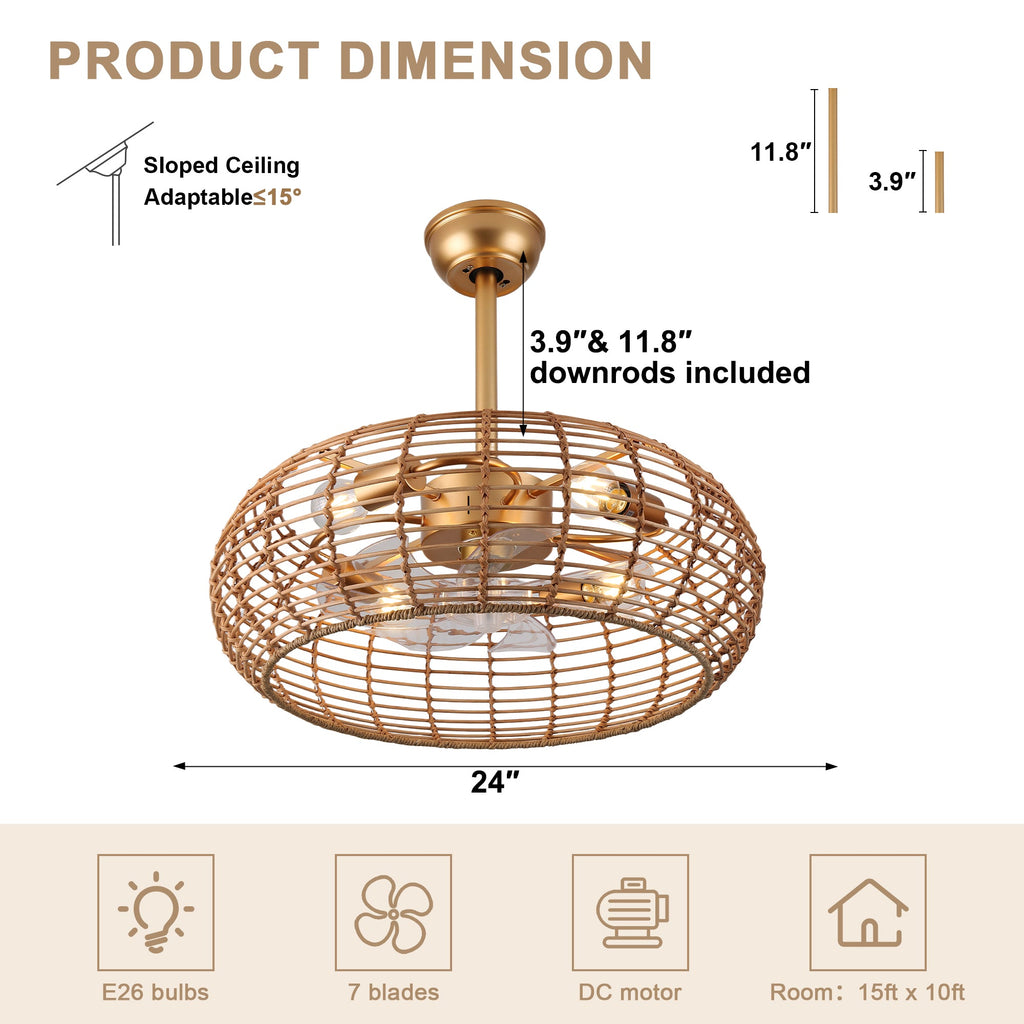 Bohemian 20 Inch Retractable Ceiling Fan with Light Quiet DC Motor Reversible 6-Speed Ceiling Fan with Light Retro 4-Light Ceiling Fan Suit for Living Room, Bedroom, Kitchen