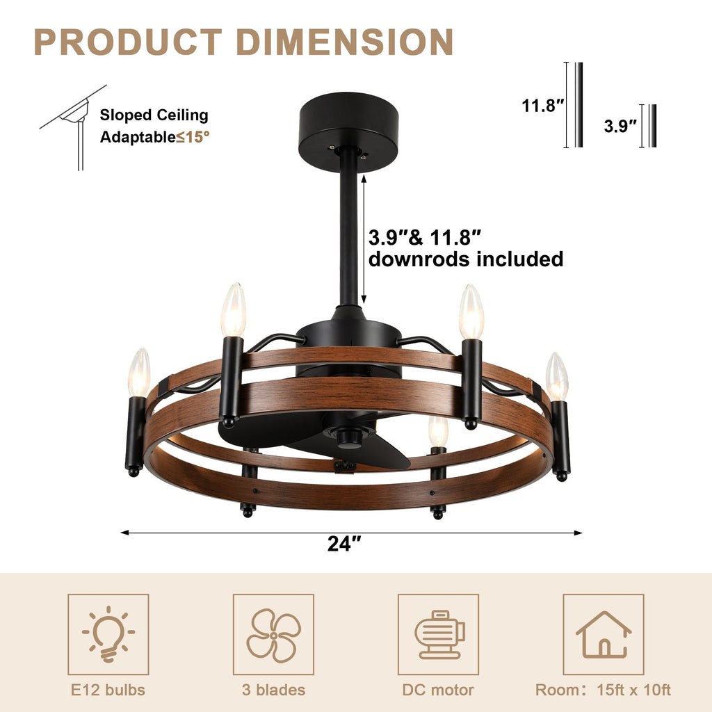 24 Inch Black Farmhouse Wagon Wheel Ceiling Fan with Lights and Remote, 6 Speeds DC Motor Reversible Bladeless Fandelier Ceiling Fan