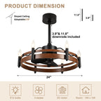 24 Inch Black Farmhouse Wagon Wheel Ceiling Fan with Lights and Remote, 6 Speeds DC Motor Reversible Bladeless Fandelier Ceiling Fan