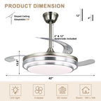 42 Inch Chrome Modern Retractable Ceiling Fan with Dimmable LED Light and Remote, 6 Speeds DC Motor Reversible Fandelier Ceiling Fan