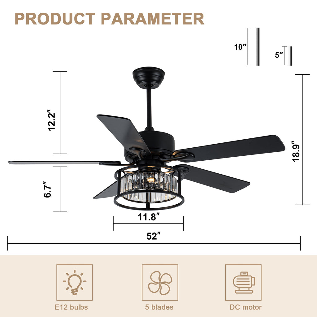 52 Inch Modern Glam Crystal Ceiling Fan with Lights and Remote, 6 Speeds DC Motor Black Reversible Ceiling Fan with Crystal Cage