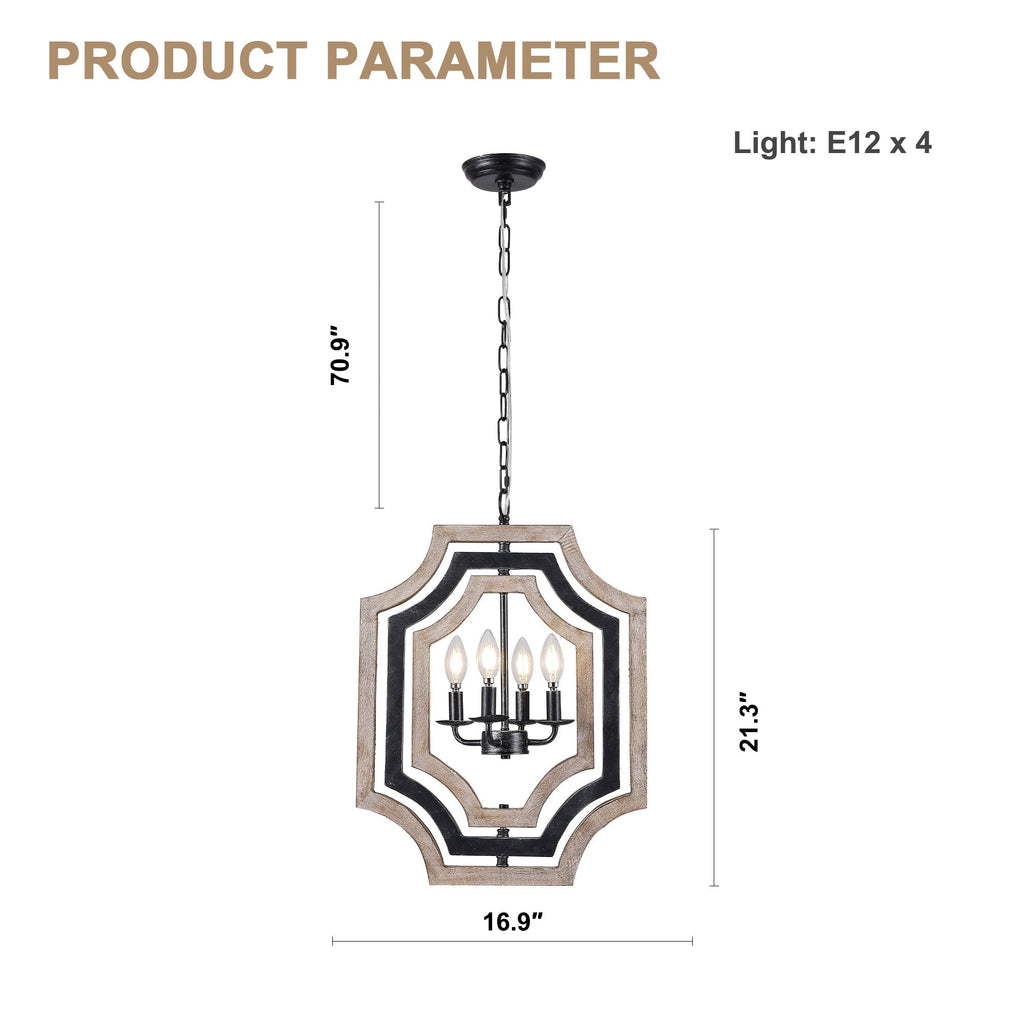 4 - Lights Distressed Wood Chandelier with Adjustable Chain, 16.9" Geometric Chandelier for Entryway with DIY Shade
