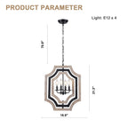 4 - Lights Distressed Wood Chandelier with Adjustable Chain, 16.9" Geometric Chandelier for Entryway with DIY Shade