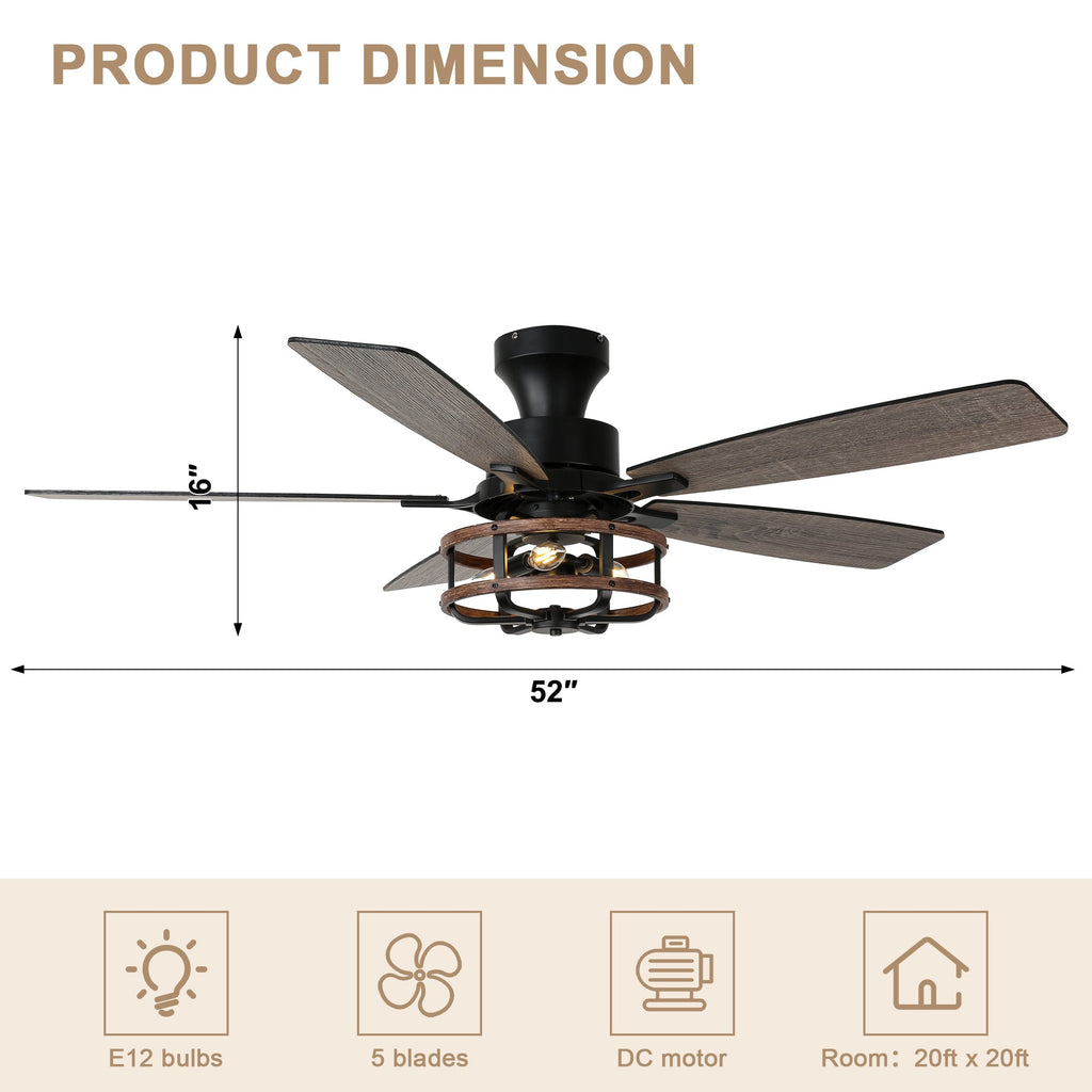52 Inch Farmhouse Flush Mount Ceiling Fan with Lights and Remote, 6 Speeds DC Motor Reversible Low Profile Ceiling Fan for Living Room