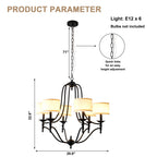 6 - Light Traditional Farmhouse Chandelier with Fabric Shades, 30 Inch Black Chandelier, Adjustable Classic Dining Room Light Fixture for Living Room