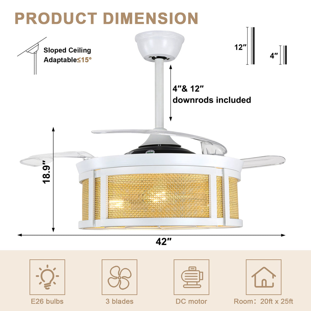 42 Inch White Rattan Retractable Ceiling Fan with Lights and Remote, 6 Speeds DC Motor Bladeless Fandelier Ceiling Fan for Bedroom