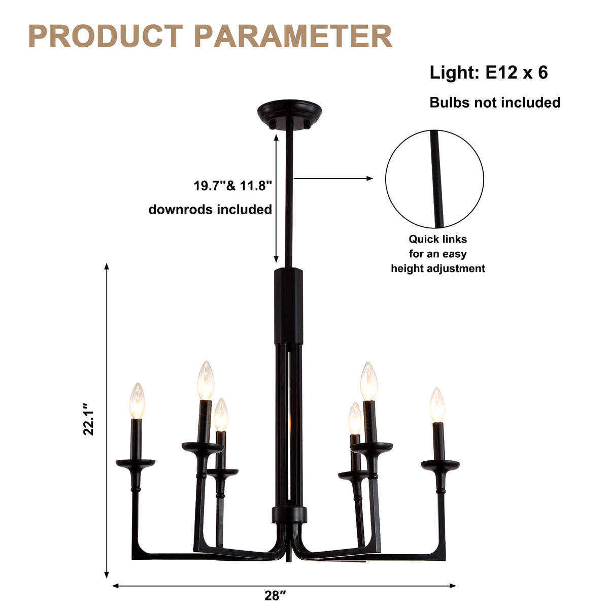 6-Light Black Candle Chandelier, Classic Traditional Chandelier, Modern Farmhouse Dining Room Lighting Fixture for Kitchen Island